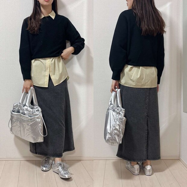 ユニクロ3Dコットンクルーネックボリュームスリーブセーター ユニクロ3Dコットンクルーネックボリュームスリーブセーターのシャツレイヤードコーデ