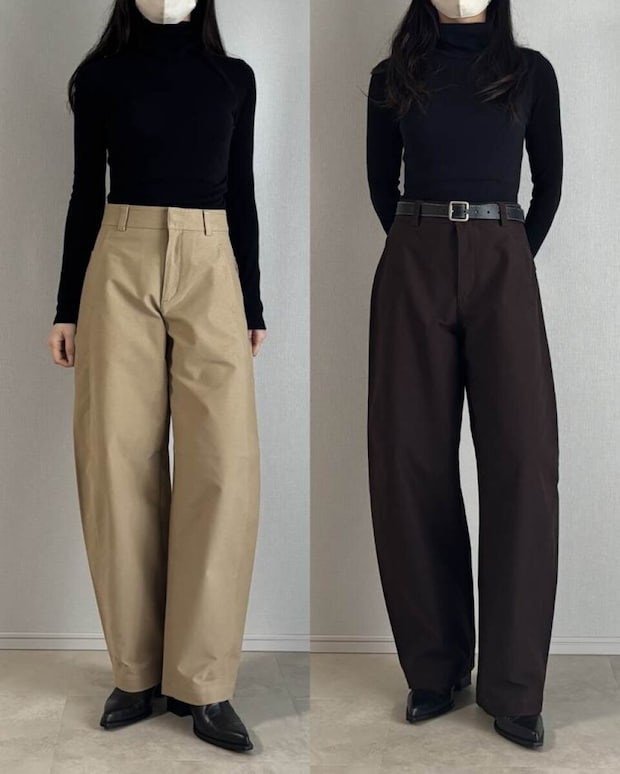 ユニクロジャージーバレルレッグパンツと黒ハイネックコーデ比較