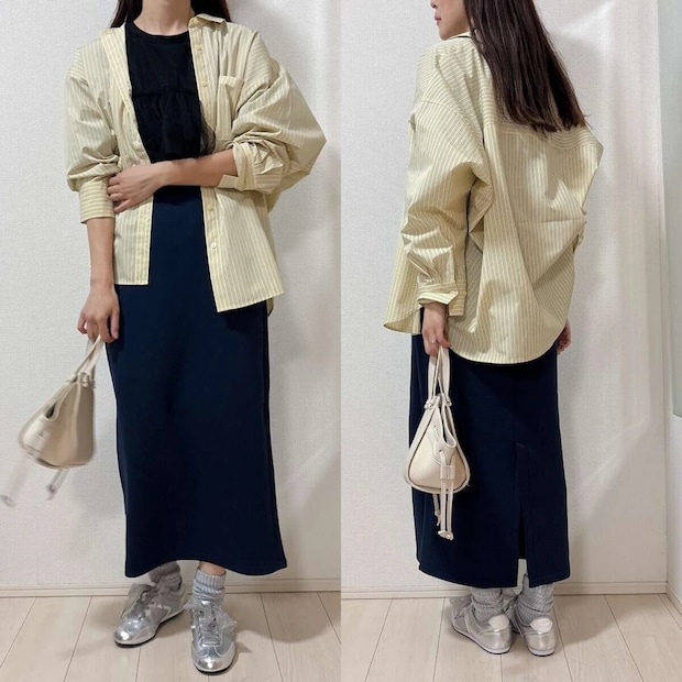 羽織りコーデ guドルマンスリーブストライプシャツイエロー羽織りコーデ