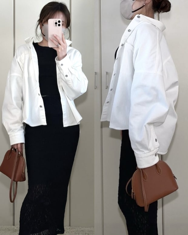 ユニクロデニムリラックスシャツジャケットとタイトスカートコーデ