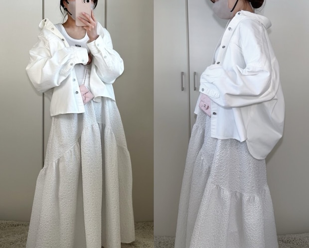 ユニクロデニムリラックスシャツジャケット ユニクロデニムリラックスシャツジャケットとジャガードスカートコーデ