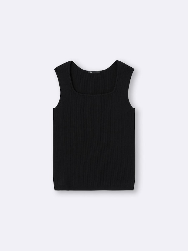 2026gu黒リブニットスクエアネックタンクトップ
