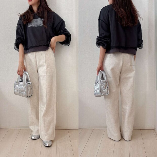 ユニクロ　スウェットストレートパンツ　チュール付きスウェットトップスコーデ