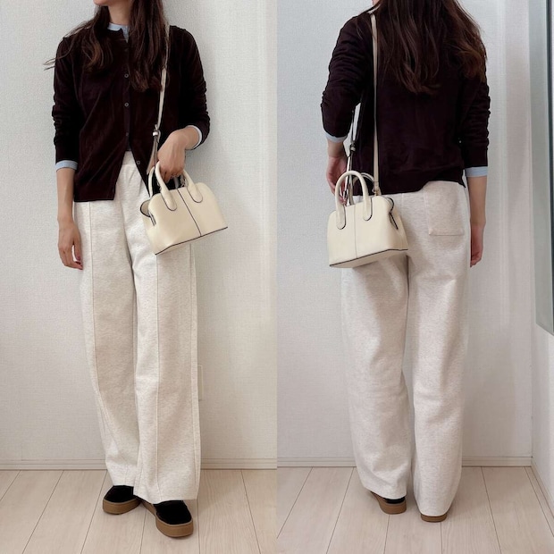 ユニクロ　スウェットストレートパンツ　ブルー×ブラウンカーディガンレイヤードコーデ