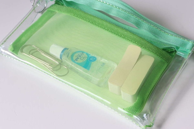 ダイソーのメッシュポケット付ペンケースにクリップと目薬と付箋を収納した様子