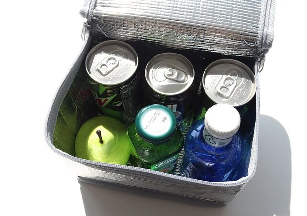 コールマンのシルバーアルミバッグ内部に缶ドリンク・フルーツ・ペットボトルが詰まっている俯瞰写真