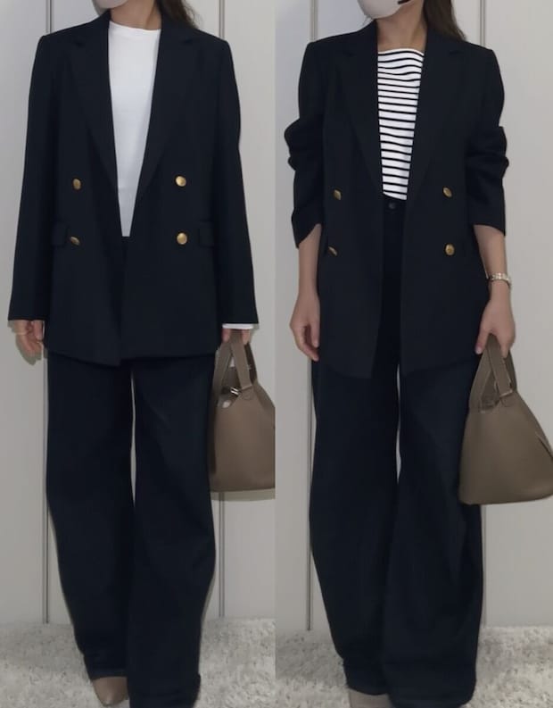 ユニクロ　バギーカーブジーンズ　ネイビー×ジャケットすっきりコーデ比較