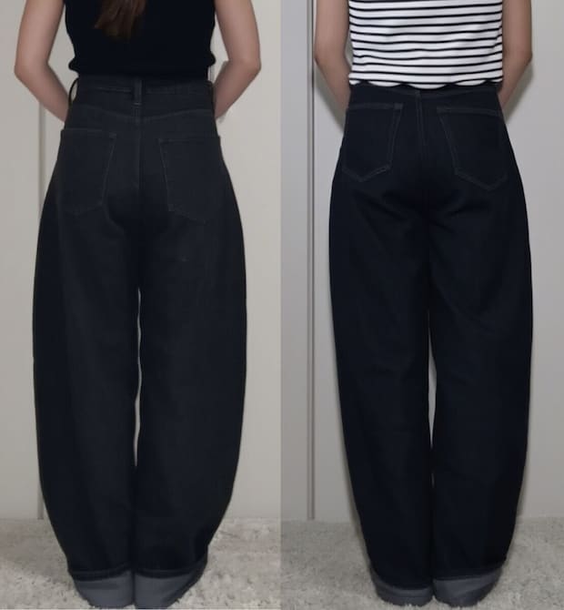 ユニクロ　バギーカーブジーンズ　2サイズはき比べ　ダークグレー23サイズとネイビー22サイズ