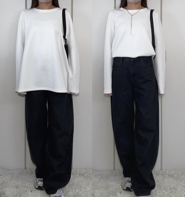 ユニクロ　バギーカーブジーンズ　トップスインメリハリコーデ比較