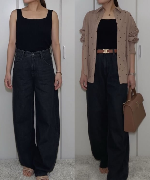 ユニクロ　バギーカーブジーンズ　シャツ羽織り×ベルト縦ラインコーデ比較