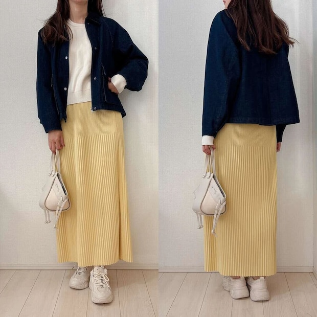 ユニクロユーティリティショートジャケットデニム春色ナロースカートコーデ