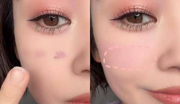 小鼻の横から楕円状に塗る 小鼻の横から楕円状に塗る