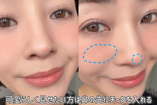 かわいらしく見せたい時は鼻先にチークを入れる かわいらしく見せたい時は鼻先にチークを入れる