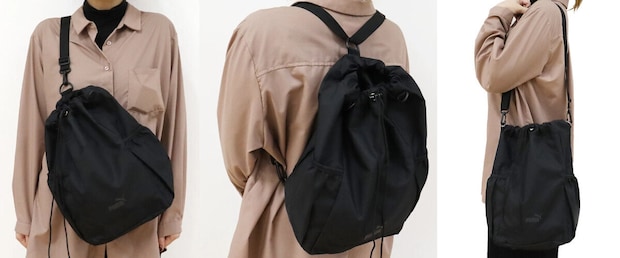 PUMAの黒マルチバッグをショルダー・バックパック・ボディバッグの3通りで使う女性