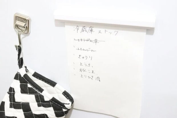 ダイソーの差し込みメモクリップをマグネットで冷蔵庫に貼った状態