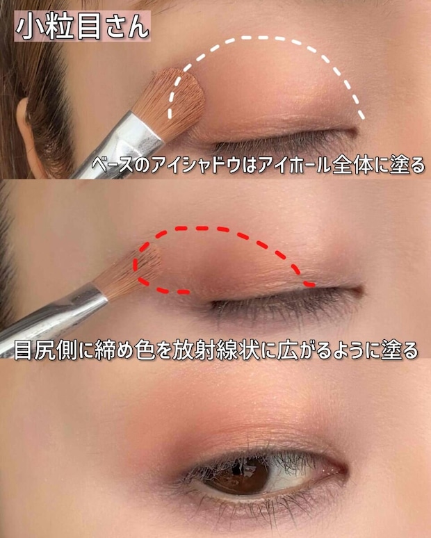 小粒目さん ベースをアイホール全体に塗り目尻側に締め色を放射線状に広げて塗る