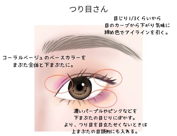 つり目さん向けコーラルベージュとパープルピンクの解説イラスト