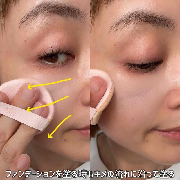 メイクアップアーティスト 園佳子 ベースメイクの正しい塗り方MAP ファンデーションをキメの流れに沿ってパフで塗るプロセス