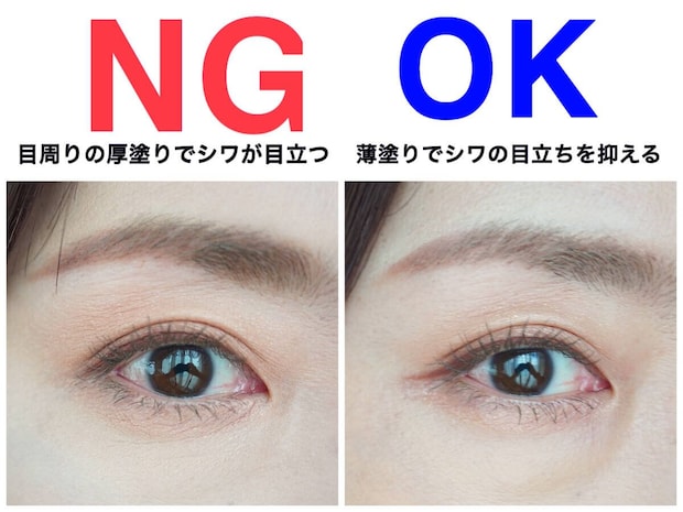 目元の厚塗りと薄塗りによるシワの目立ち方の比較