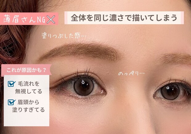 薄眉さんNG例 全体を同じ濃さで描いてのっぺりした眉