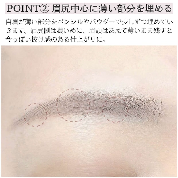 眉尻中心に薄い部分をペンシルとパウダーで埋める様子