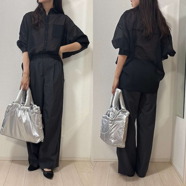GU　シアードルマンスリーブシャツ　グレーワイドパンツきれいめコーデ