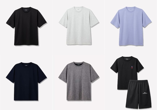 黒・ライトグレー・薄紫・ネイビー・チャコールグレーの半袖クルーネックTシャツと、ディズニーFANTASIAのキャラクター刺繍が入った黒い上下セットを並べたカラー展開の画像