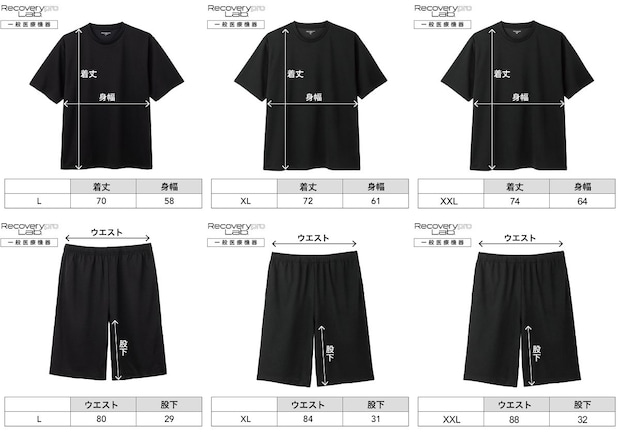黒い半袖クルーネックTシャツとショートパンツの着丈・身幅・ウエスト・股下のサイズをL・XL・XXLごとに数値で示したサイズ表