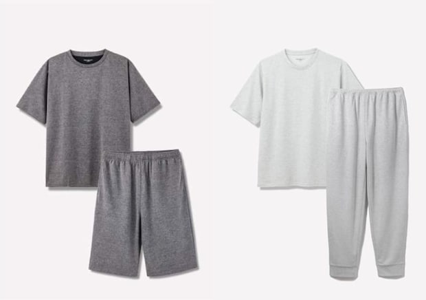 白背景に並んだ、チャコールグレーの半袖Tシャツとショートパンツの上下セットと、ライトグレーの半袖Tシャツとロングパンツの上下セット