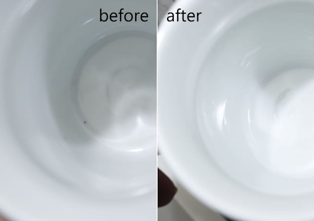 茶渋で汚れたマグカップの底と、磨いてきれいになった状態の比較