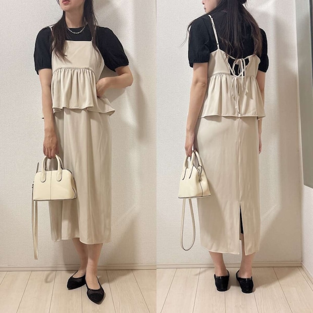 ユニクロ　シャーリングボリュームスリーブT　キャミワンピのインナーコーデ