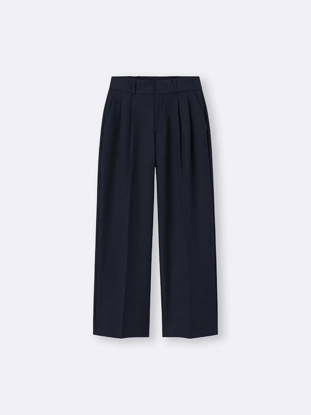 紺色のタックワイドパンツの全体像 紺色のタックワイドパンツの全体像