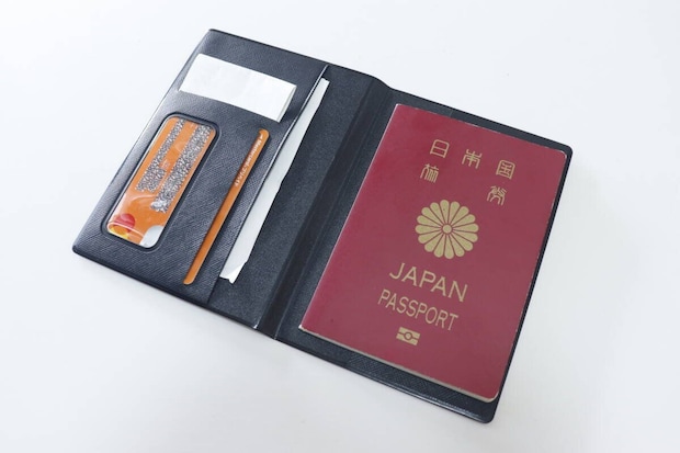 パスケースを開き、パスポートとカード、レシートが収納された状態