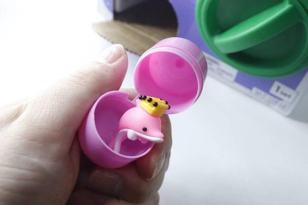 ピンクのカプセルから王冠をかぶったイルカのマスコットが出てきた様子