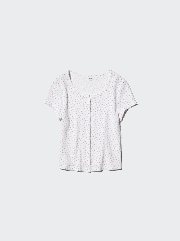 白地に水色の小花柄ワッフル半袖Tシャツ