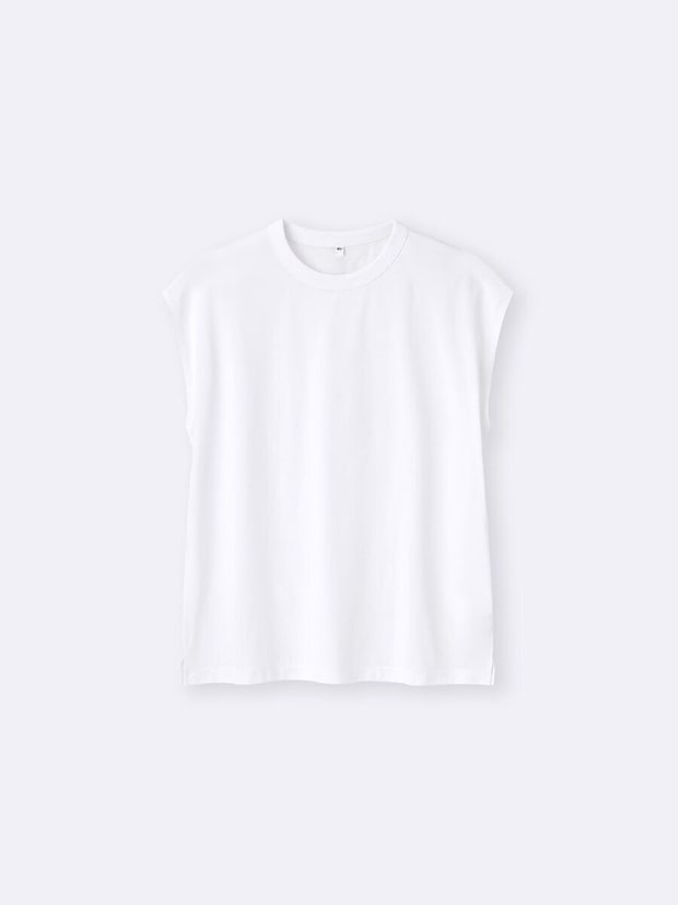 白いクルーネックノースリーブTシャツを平置きした様子 白いクルーネックノースリーブTシャツを平置きした様子