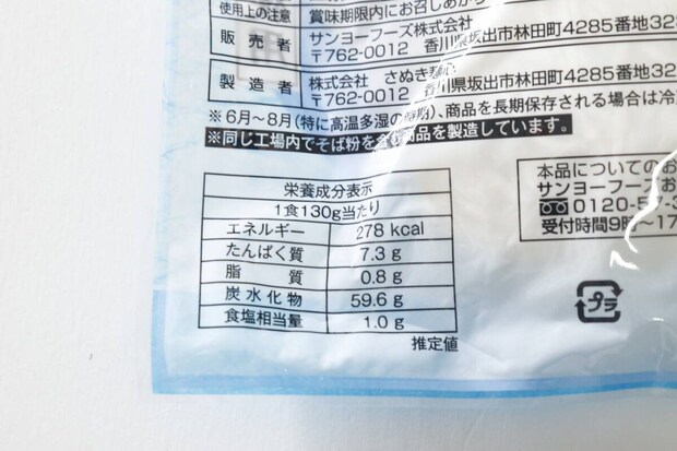商品の栄養成分表示と販売者情報が書かれたパッケージ裏面 商品の栄養成分表示と販売者情報が書かれたパッケージ裏面