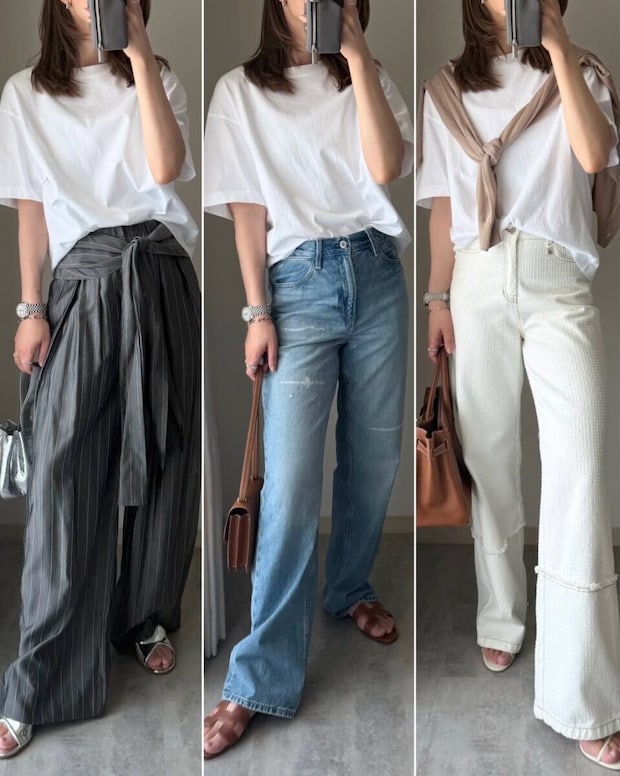 白いTシャツに3種類のパンツを合わせた着回しコーデ