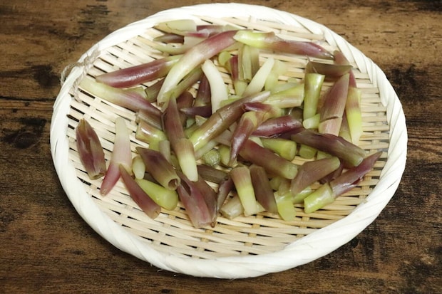 茹でたミョウガが盆ざるに盛り付けられている様子