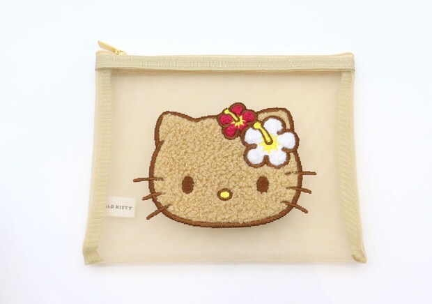 日焼けしたハローキティの顔が刺繍されたメッシュポーチ 日焼けしたハローキティの顔が刺繍されたメッシュポーチ
