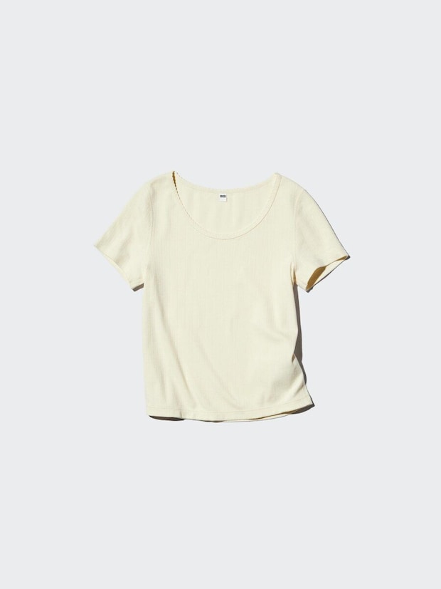 クリーム色のポインテールラウンドネックミニTシャツ クリーム色のポインテールラウンドネックミニTシャツ