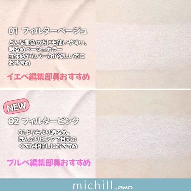 セザンヌ トーンフィルターハイライト 01フィルターベージュと02フィルターピンクの特徴とスウォッチ画像