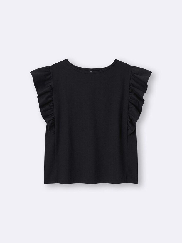 黒いフリルスリーブTシャツを平置きで撮影。袖のフリルが特徴的。