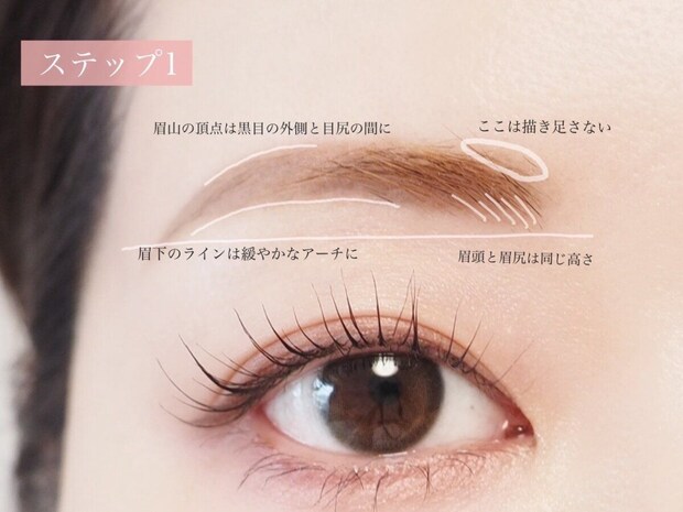 眉山の位置と眉下の緩やかなアーチを示すアーチ眉ステップ1
