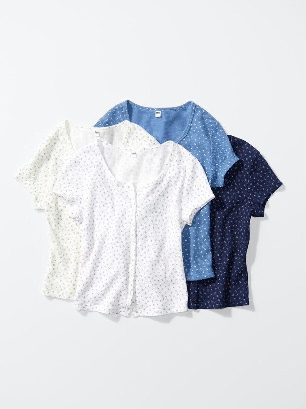 白水色紺の花柄ワッフルミニTシャツ4枚