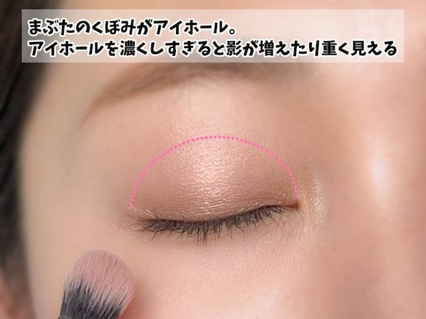 コスメコンシェルジュ・元美容部員 Ikue 40代デカ目アイシャドウの塗り方MAP アイホールの位置と、アイシャドウを濃く塗りすぎると影が増えて重く見えることの解説