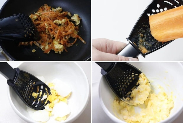 万能調理スプーンで炒め物、すりおろし、卵つぶしをする工程の4分割写真