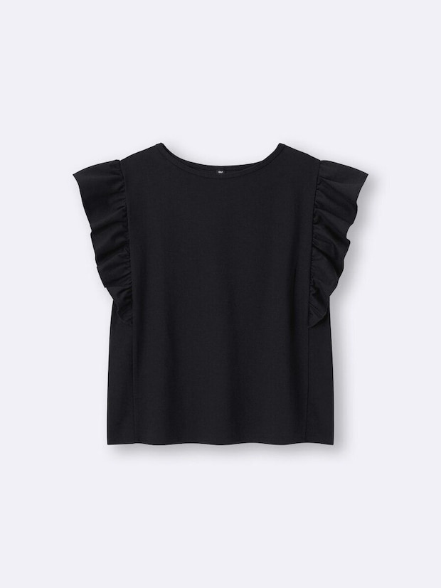 黒いフリルスリーブTシャツが白い背景に平置きされている