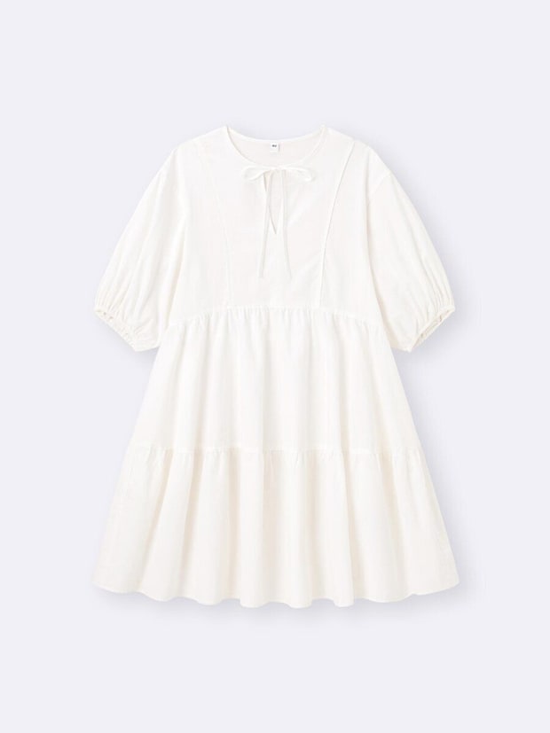 白いリボン付きティアードチュニックワンピース
