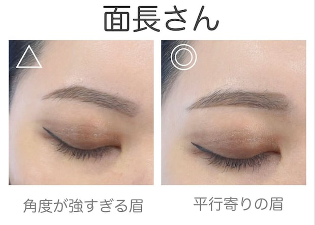 面長さんの角度が強すぎる眉と平行寄りの眉の比較